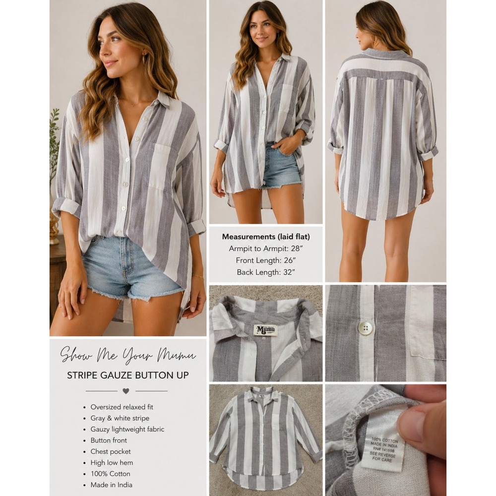 Show Me Your Mumu Button Up Gray White Stripe Gauze Oversized Boho Large
